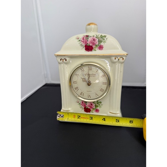 Vintage 80s Mantel Desk Porcelain Clock Baum Bros‎ French style rose Floral - Picture 8 of 10